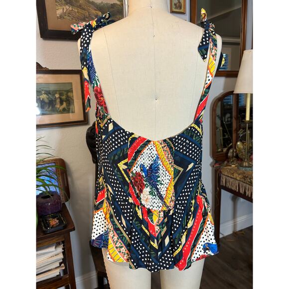 FARM Rio x Anthropologie Carmen peplum tank top blouse parrot print tie shoulder - Picture 5 of 10